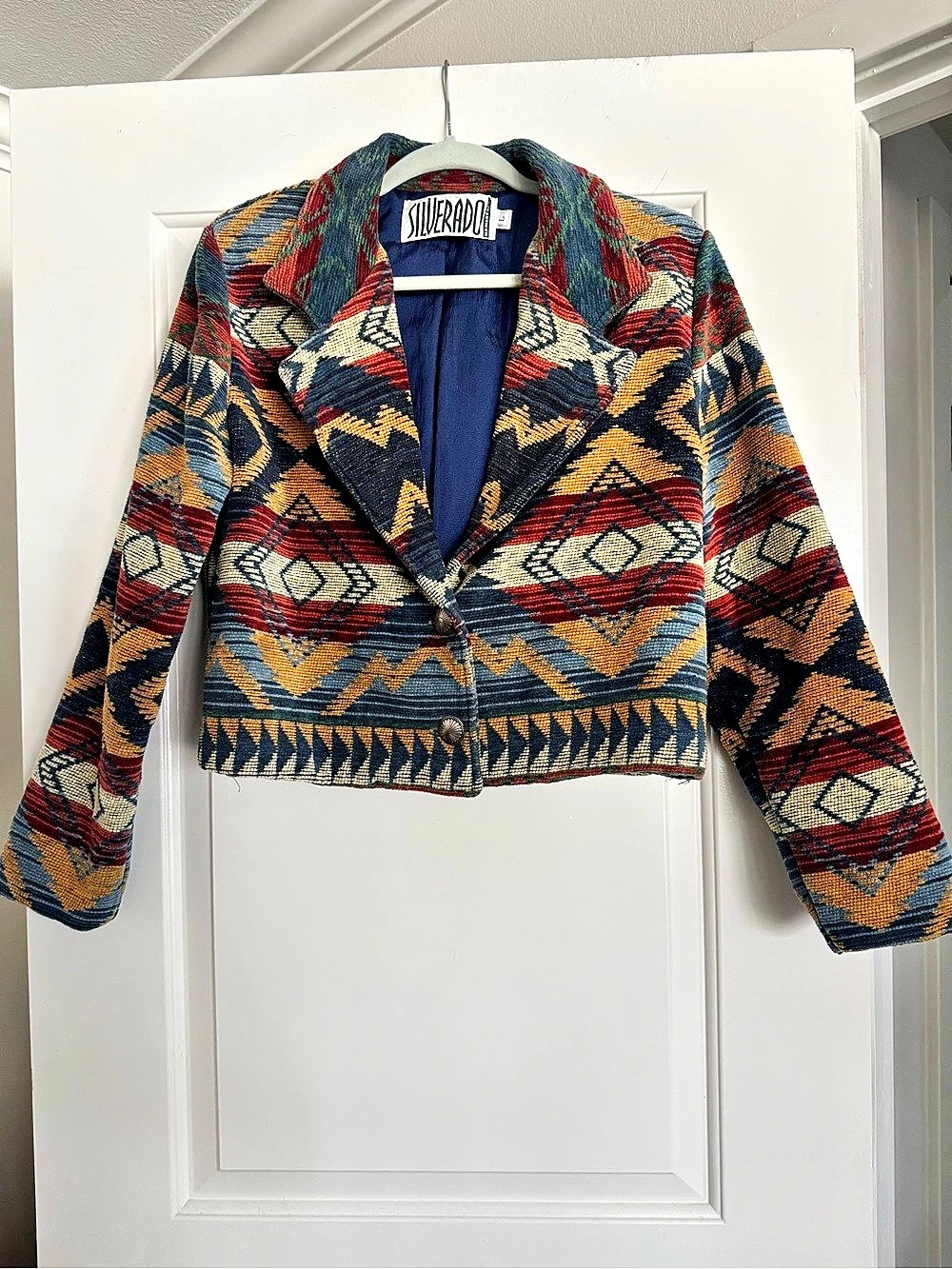 VTG 90s Silverado New Mexico Southwestern Aztec Tapestry Cropped Blazer L